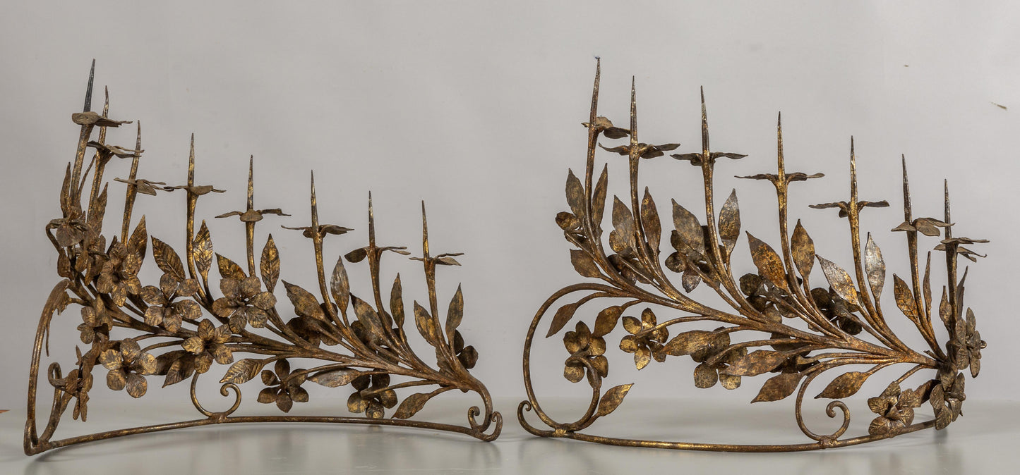 PAIR OF EIGHT-LIGHT ANTIQUE VINTAGE ITALIAN CANDELABRUM IN WROUGHT GILDED IRON