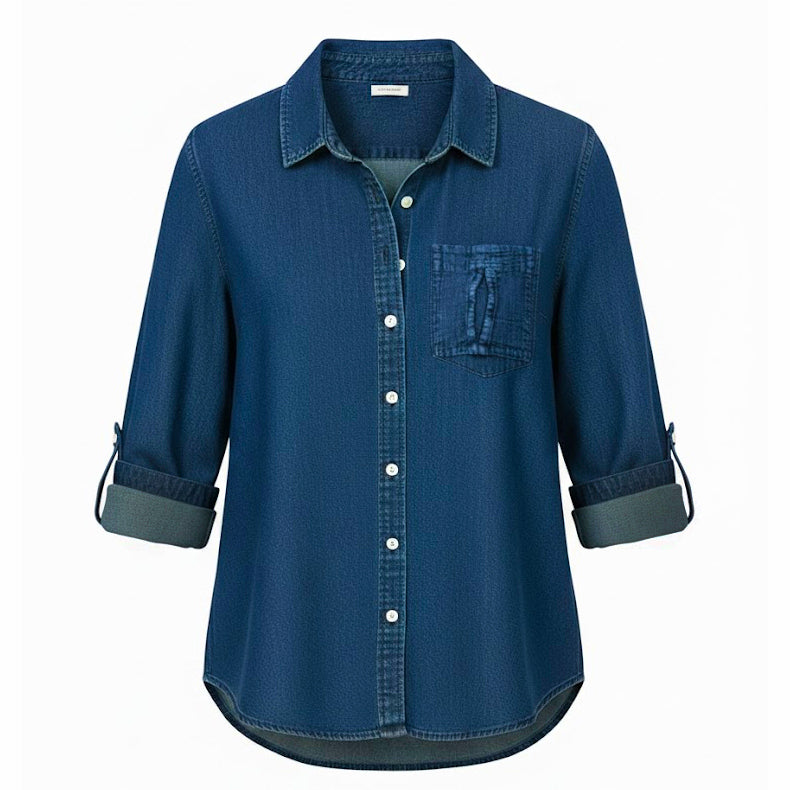 Premium Pima Cotton Denim Long Sleeved Button Up Collared Top