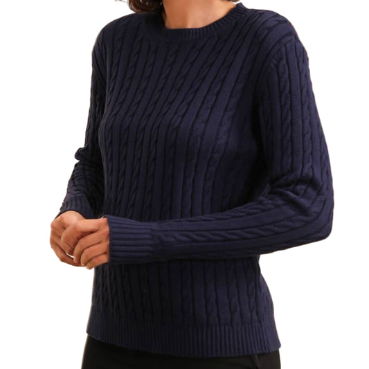 Premium navy blue pure cotton classic cable knit crew neck sweater