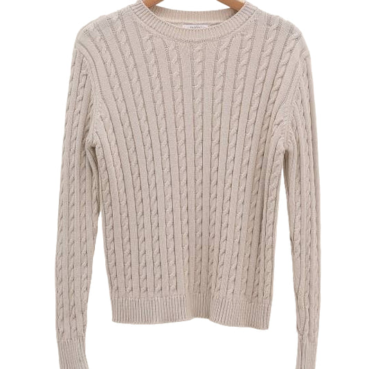Rich neutral tone heritage cable-knit crew neck sweater made in Italy
