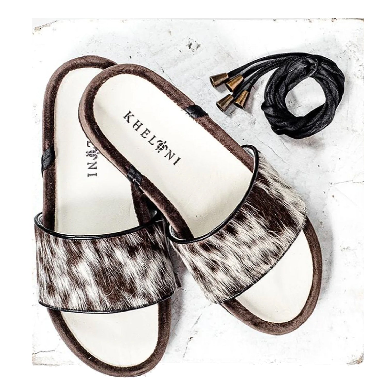 LUXURIOUS BROWN VELVET - SALT-PEPPER PRINTED COWHIDE - SATIN STRAPPED SANDALS HANDMADE IN GREECE BY KHELONI