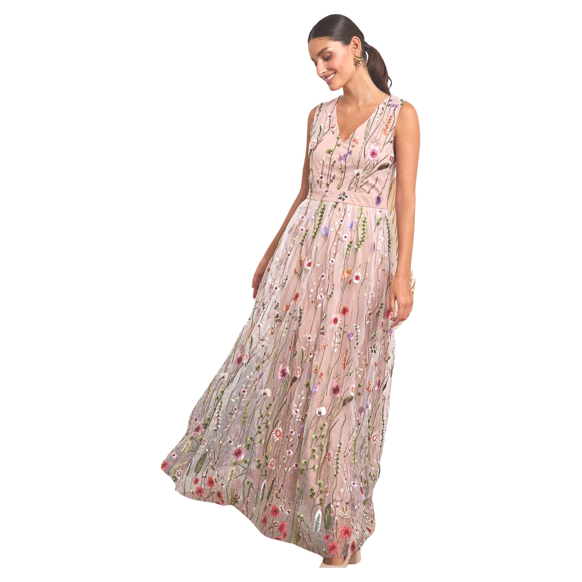 Romantic long nude dress with elegant embroidered floral motif by Choklate Paris