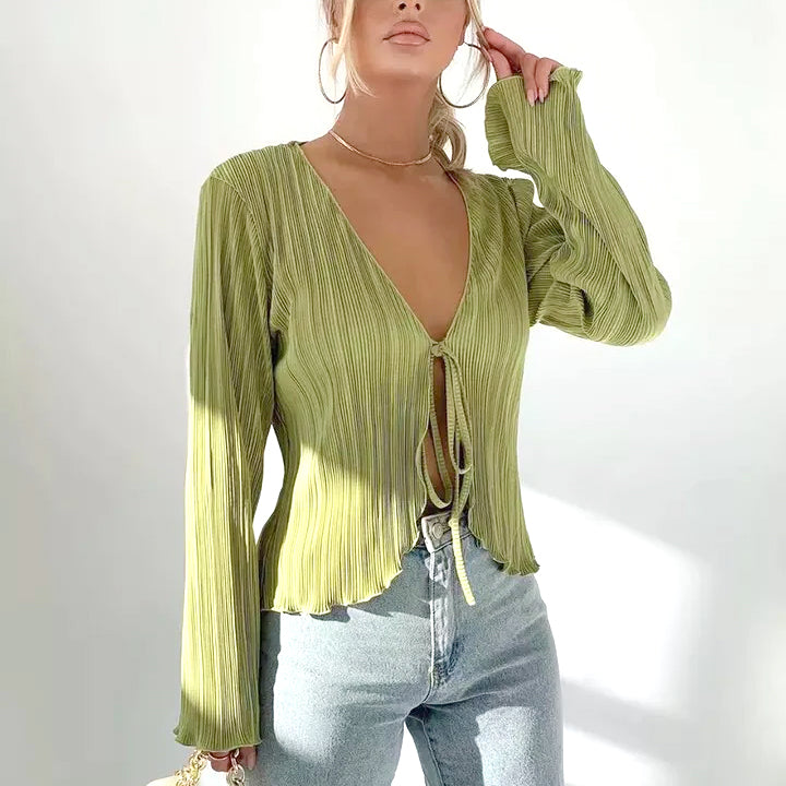 Effortless beach style in this sage green tie front blouse