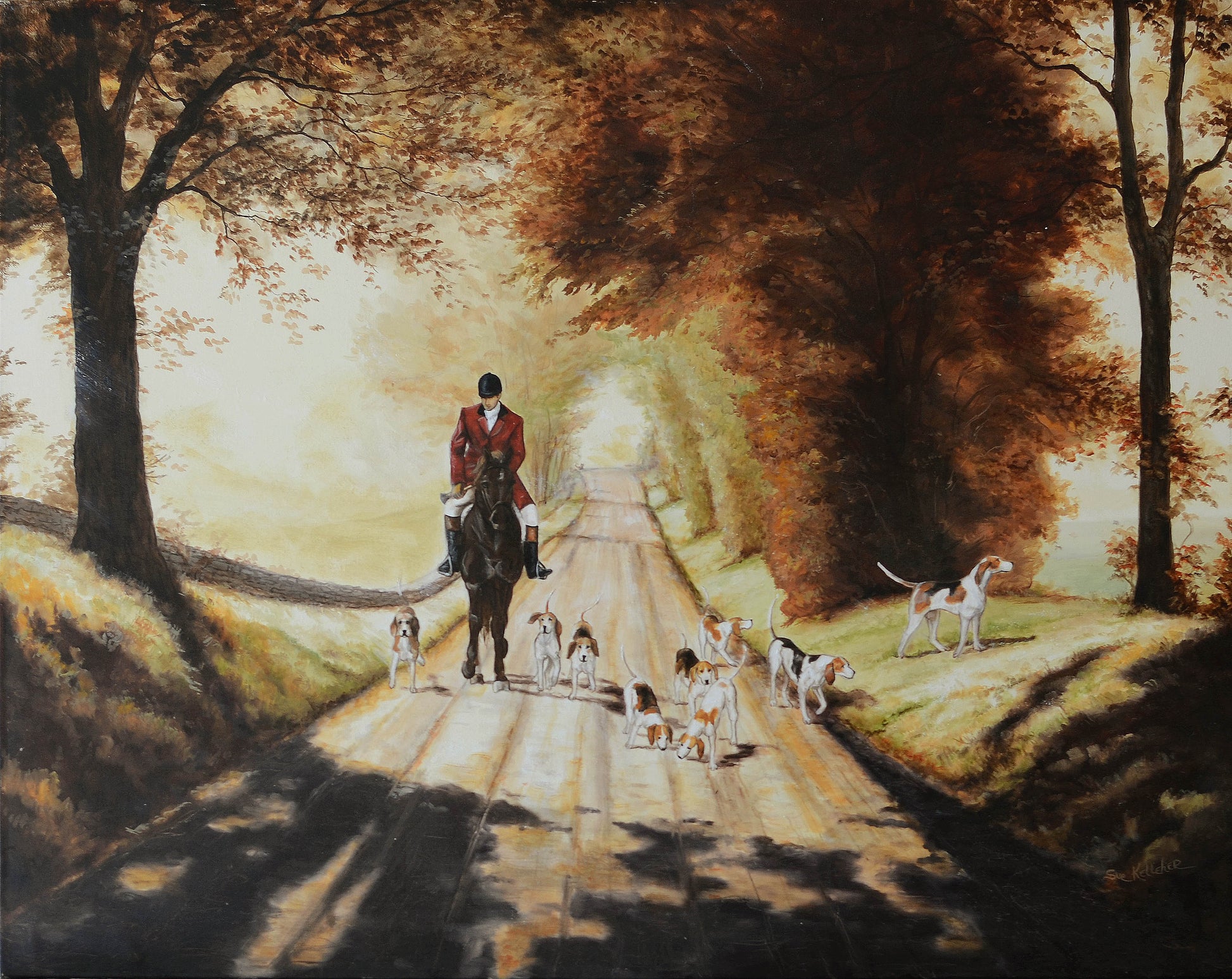 Original hunt country painting of a fox chase by Waterford Virginia artist sue kelleher