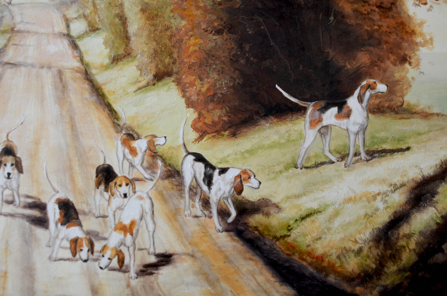 Original hunt country painting of a fox chase by Waterford Virginia artist sue kelleher