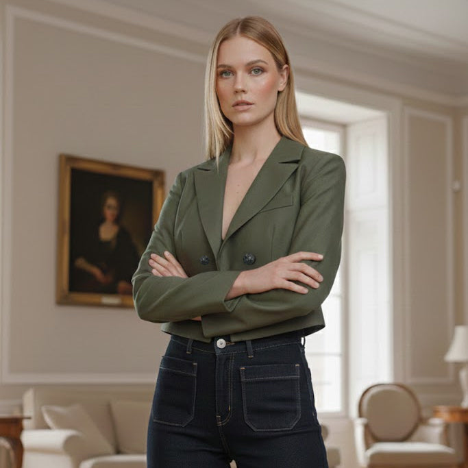 Woman in a green blazer standing in an elegant room with classical decor.