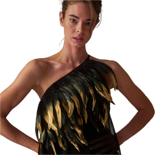 ELEGANT BLACK LONG DRESS WITH PAINTED FEATHER NECKLINE BY T.BA MADRID