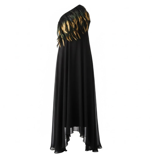 ELEGANT BLACK LONG DRESS WITH PAINTED FEATHER NECKLINE BY T.BA MADRID