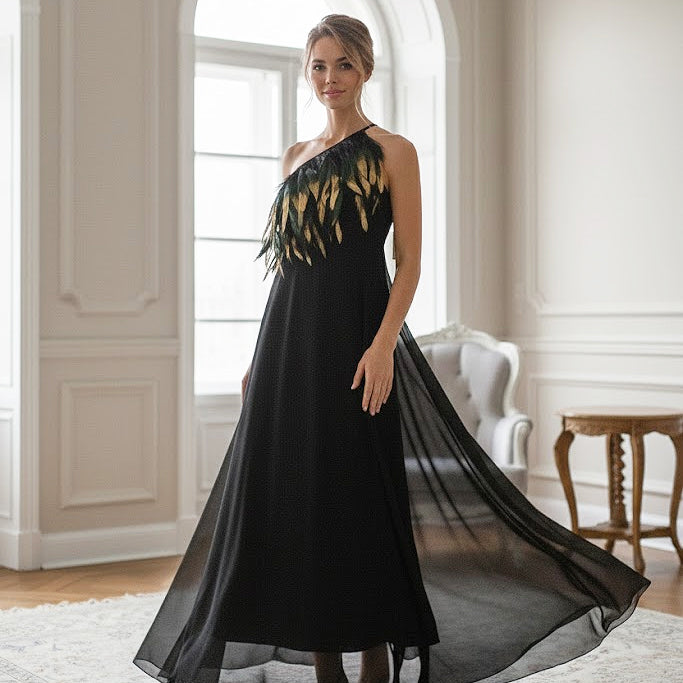 ELEGANT BLACK LONG DRESS WITH PAINTED FEATHER NECKLINE BY T.BA MADRID