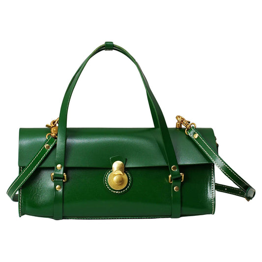 Uppdoo Vive Classic Upcycled Italian Leather satchel baguette in Pine Green