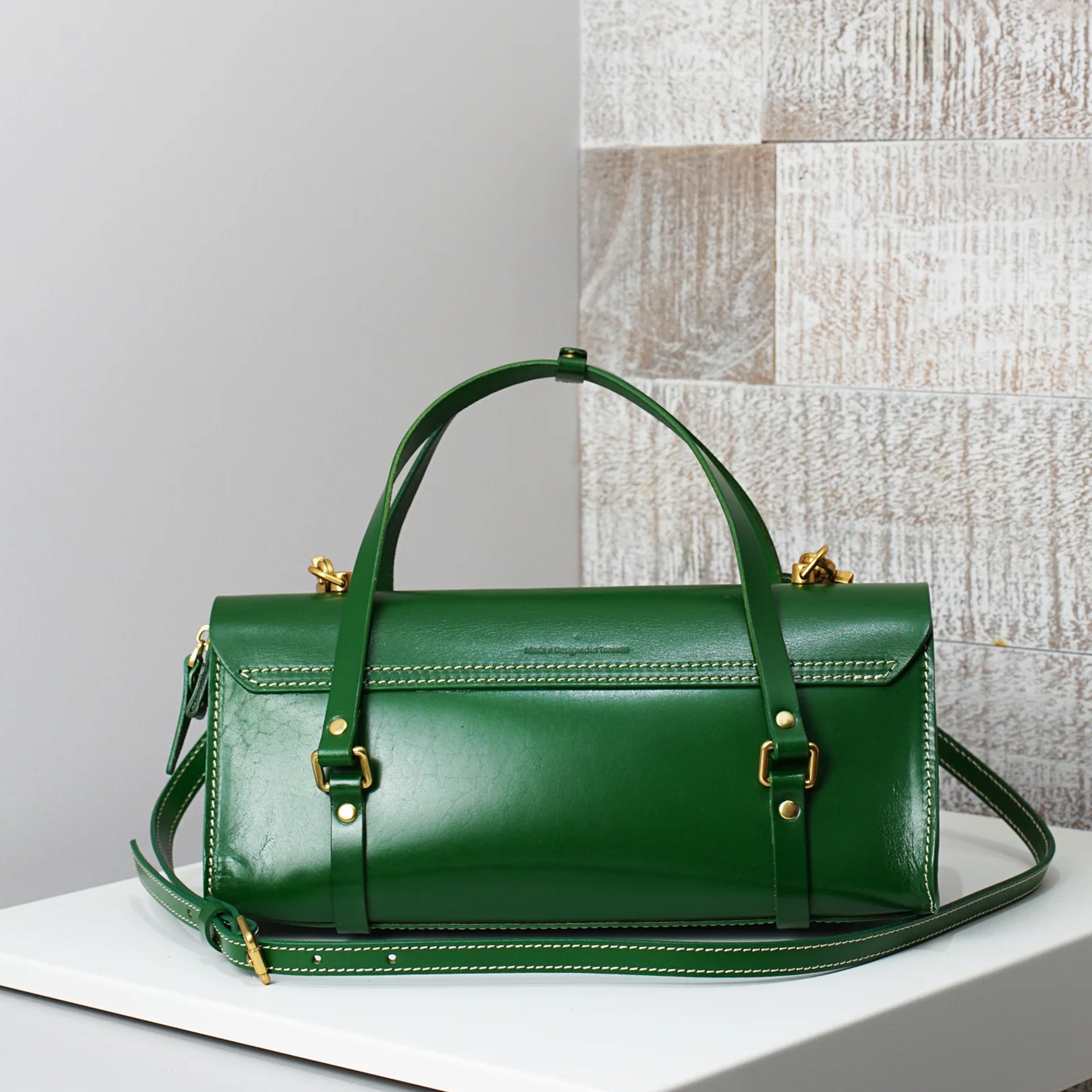 Uppdoo Vive Classic Upcycled Italian Leather satchel baguette in Pine Green