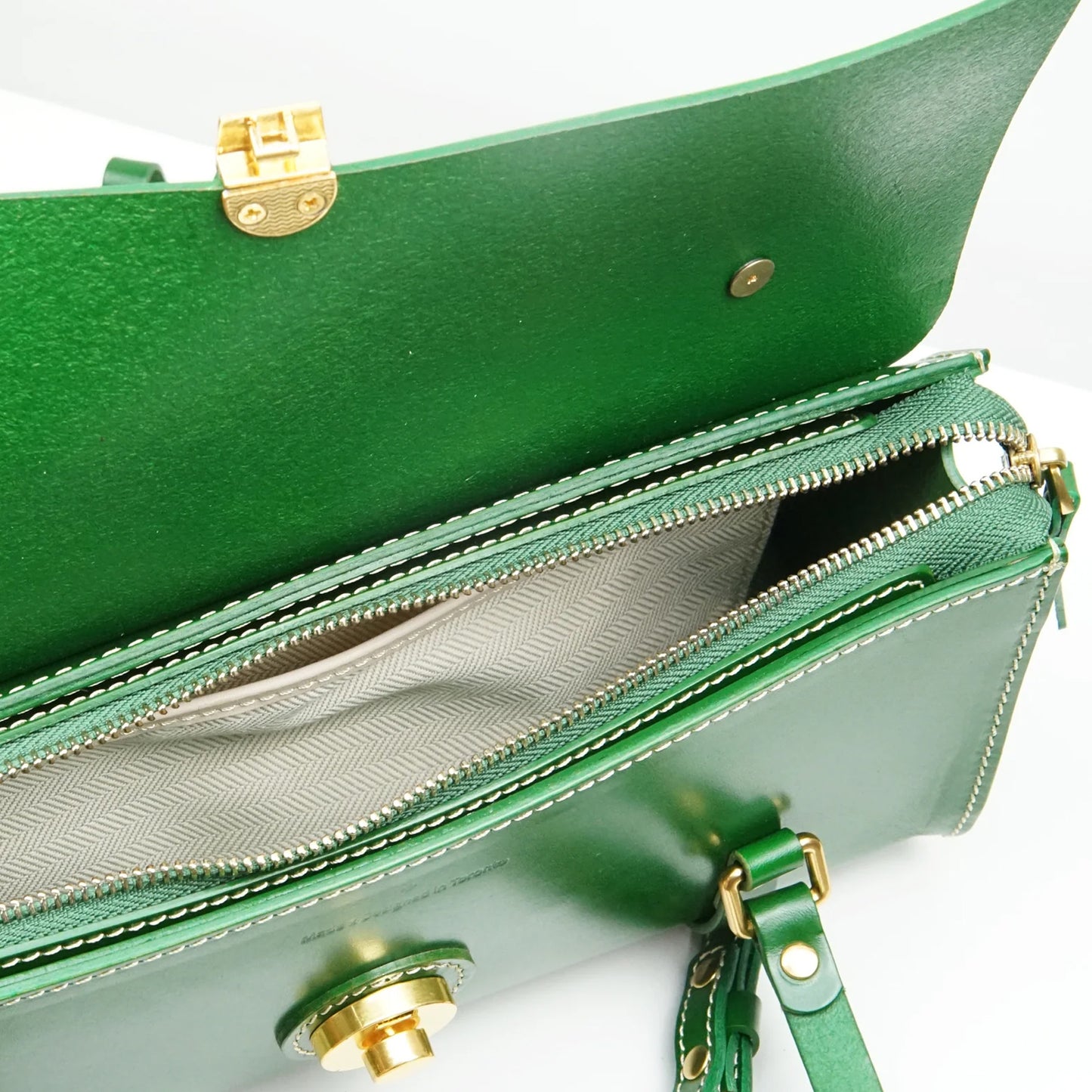 Uppdoo Vive Classic Upcycled Italian Leather satchel baguette in Pine Green