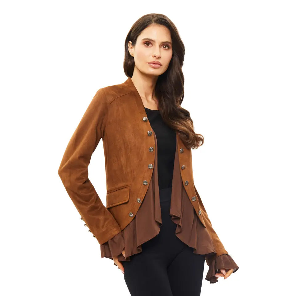 WARM BROWN VEGAN SUEDE JACKET WITH RUFFLE LINER AND CUFFS BY ADORE APPAREL LA