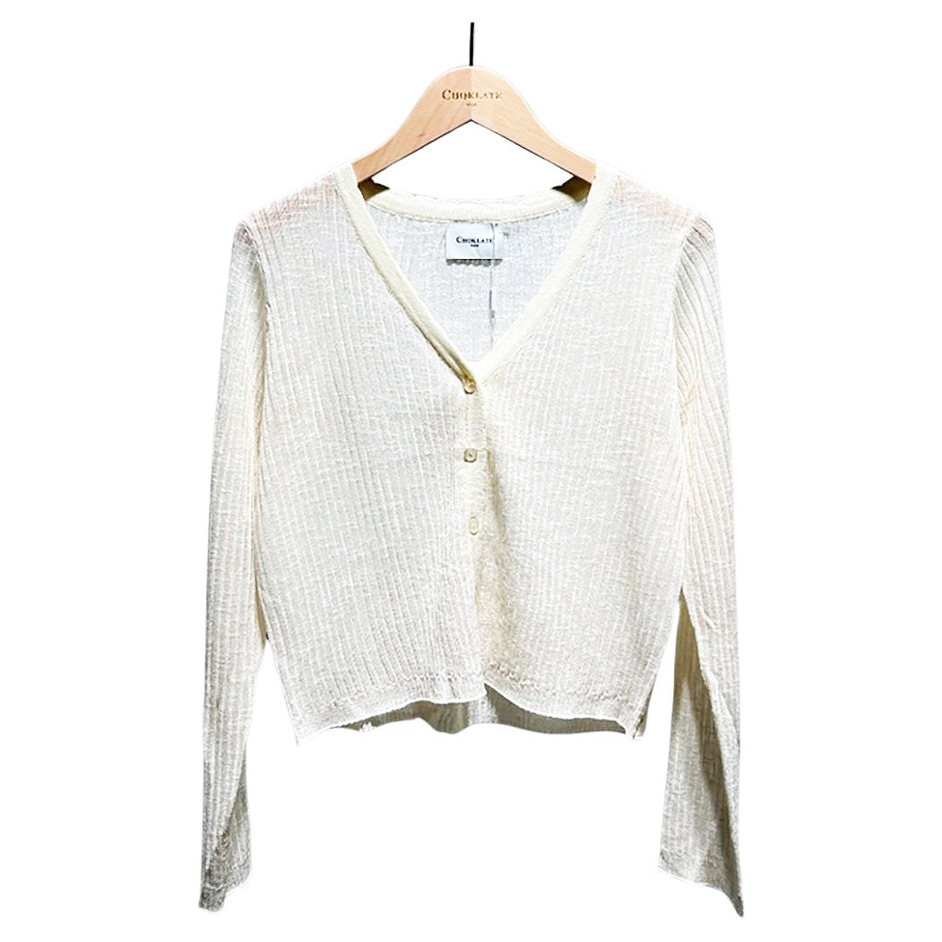 White Finely Knit Ribbed Cardigan by Choklate Paris