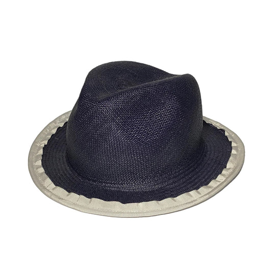 MEDITERRANEAN HAND WOVEN NAVY WHITE STRAW HAT