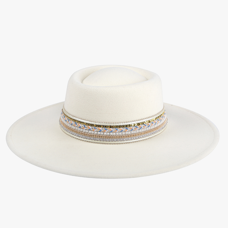 WIDE BRIM FEDORA HAD IN IVORY WITH LOVELY BEADED BOHO TRIM