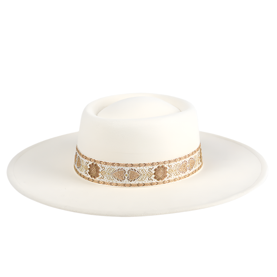 WIDE BRIM WHITE FEDORA WITH BROCADE STYLE BAND