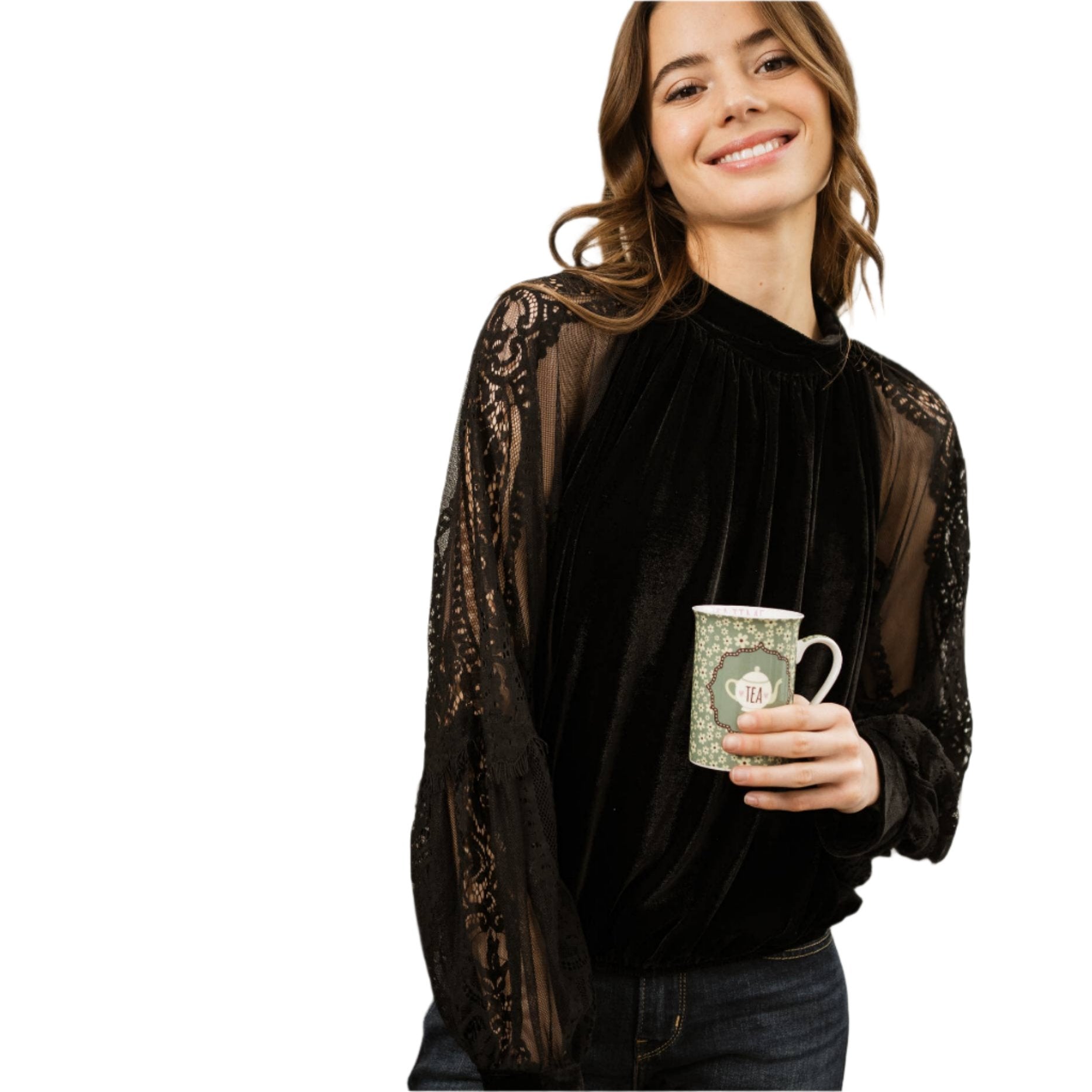 ROMANTIC BLACK VELVET BLOUSE WITH LACE SLEEVES BY CHOKLATE PARIS