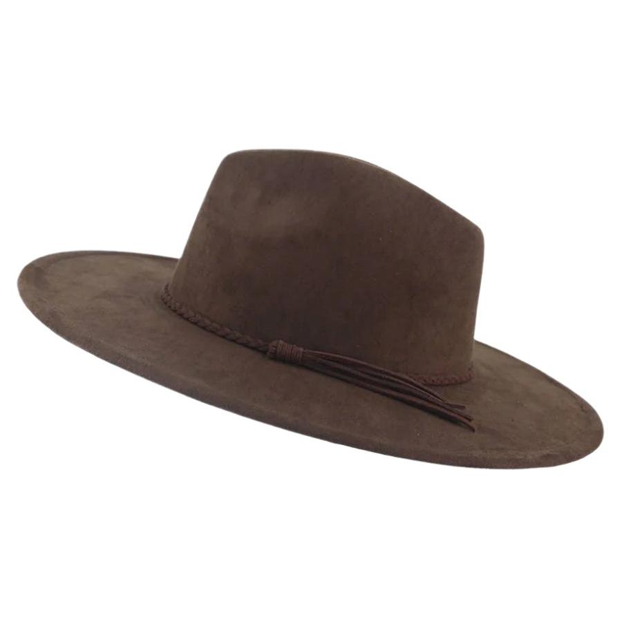 CHOCOLATE FAUX SUEDE FEDORA WITH BRAIDED BAND