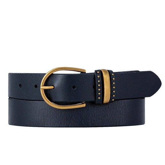 GOLD BUCKLE WITH STUDDED ACCENT LOOP FULL GRAIN BLACK LEATHER BELT - NORINE STYLE BY AMSTERDAM HERITAGE