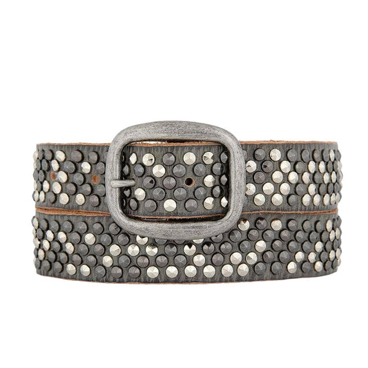 VINTAGE SILVER BUCKLE GREY STUDDED LEATHER BELT - BRITTA STYLE BY AMSTERDAM HERITAGE