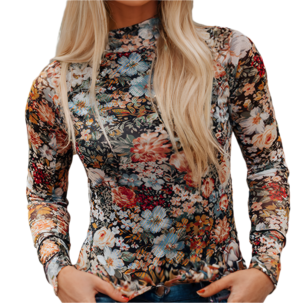 FLORAL PRINTED LONG-SLEEVED HIGH NECK MESH BLOUSE