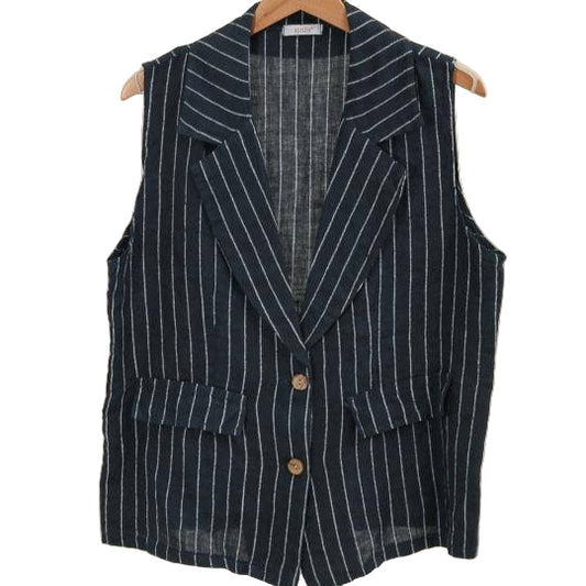 Pure linen sleeveless navy striped button-down jacket vest on sale