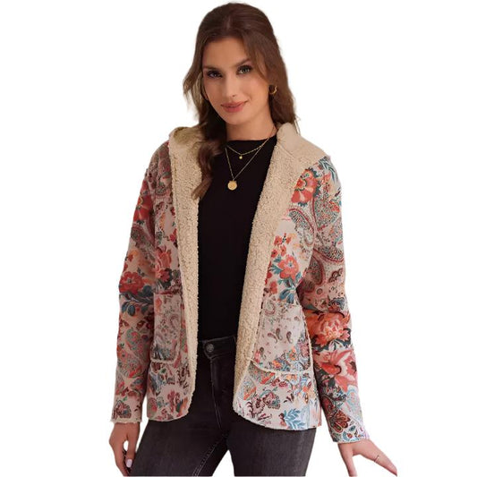 A lovely Sherpa-lined hooded jacket with floral-paisley pattern.