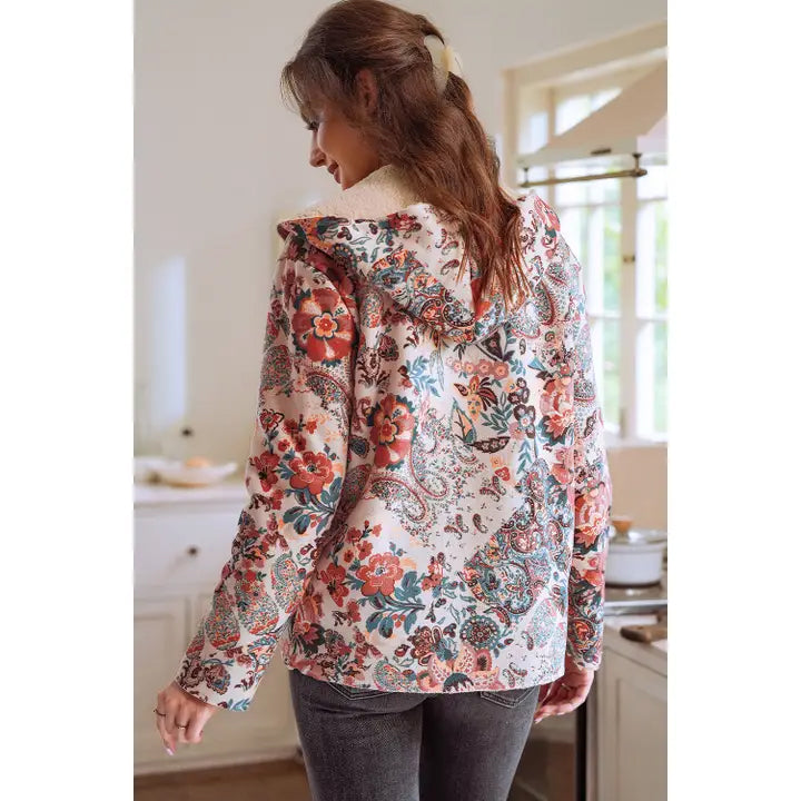 A lovely Sherpa-lined hooded jacket with floral-paisley pattern.