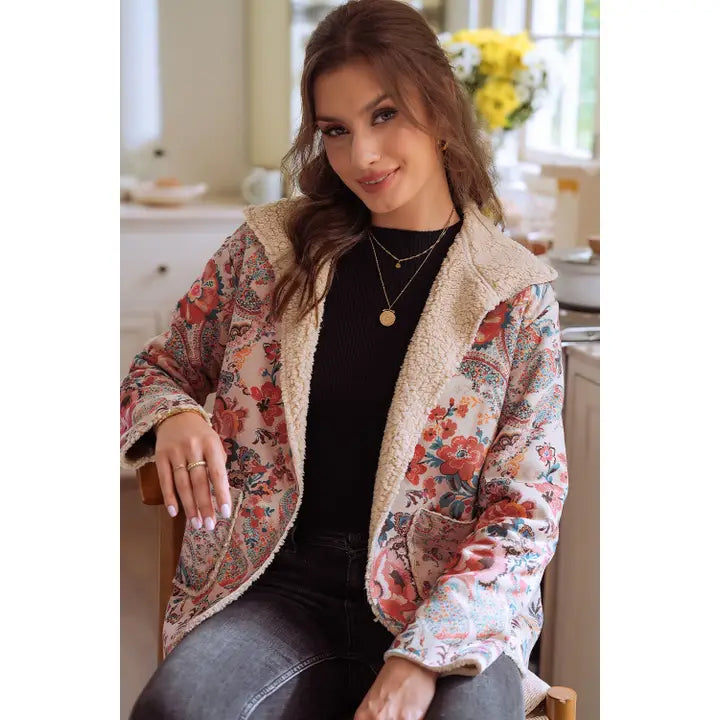 A lovely Sherpa-lined hooded jacket with floral-paisley pattern.