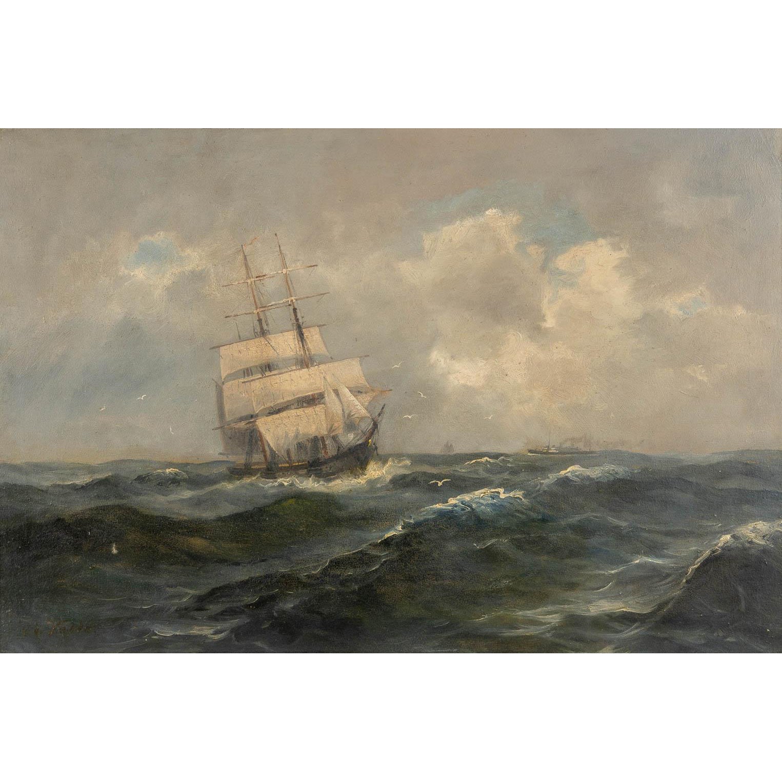 19th century vintage Dutch oil on canvas nautical marine painting